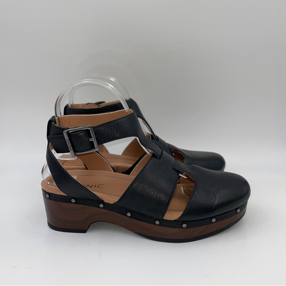 Vionic Black Leather Clogs with Tan Wooden Sole - Picture 6 of 10